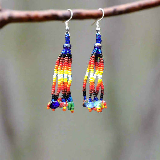 Dark Blue Six-Strand Beaded Cascade Earrings