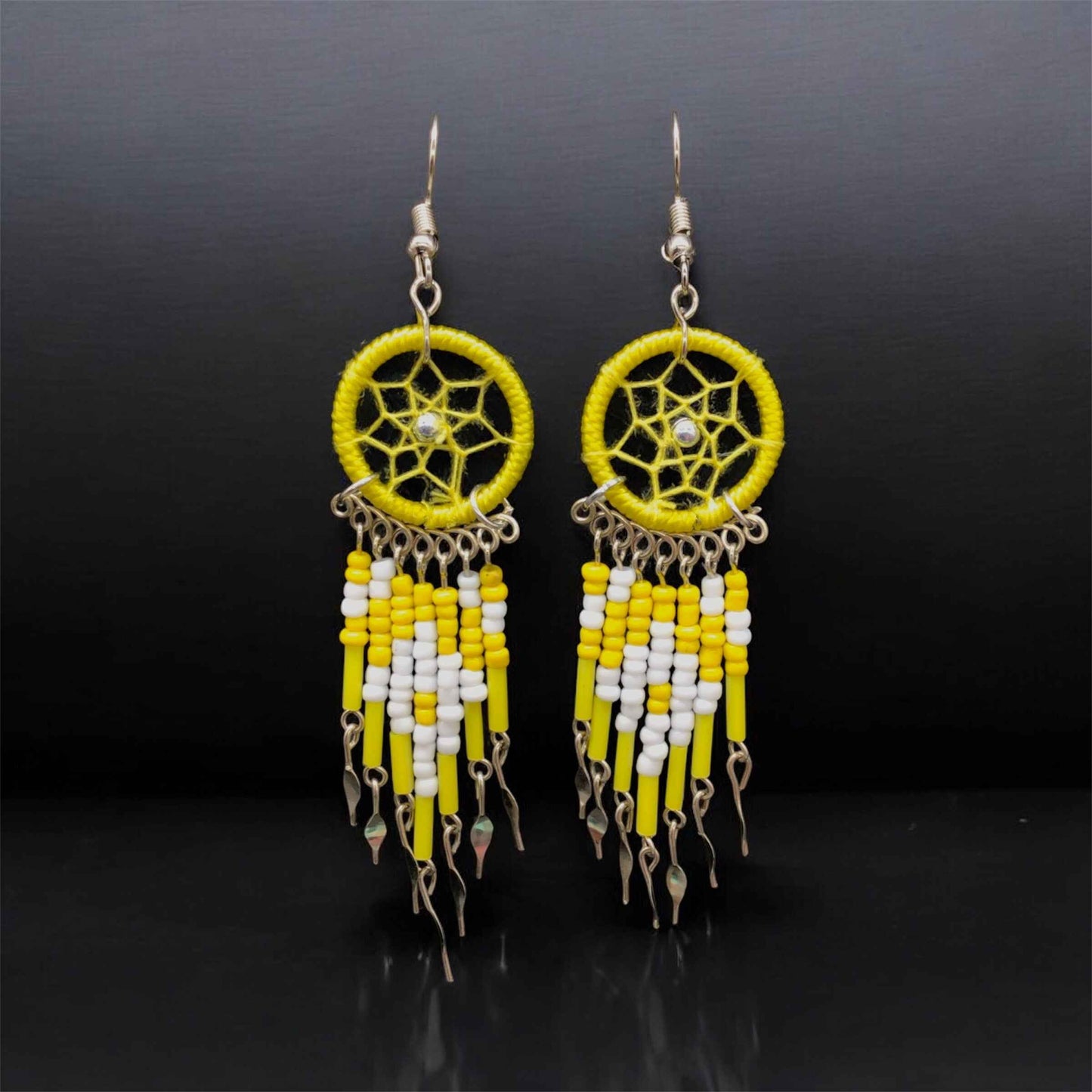 Yellow and white Beaded Dreamcatcher earrings