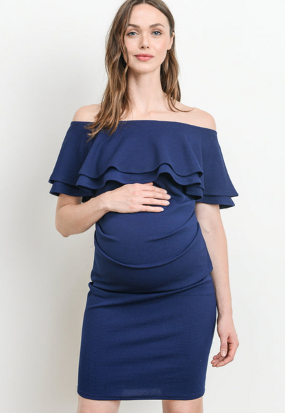 Double Ruffle Off Shoulder Maternity Dress