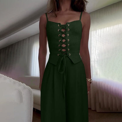 Women’s Sexy Hollow-Out Strap Top & Wide-Leg Pants Set – Casual Summer 2-Piece Outfit