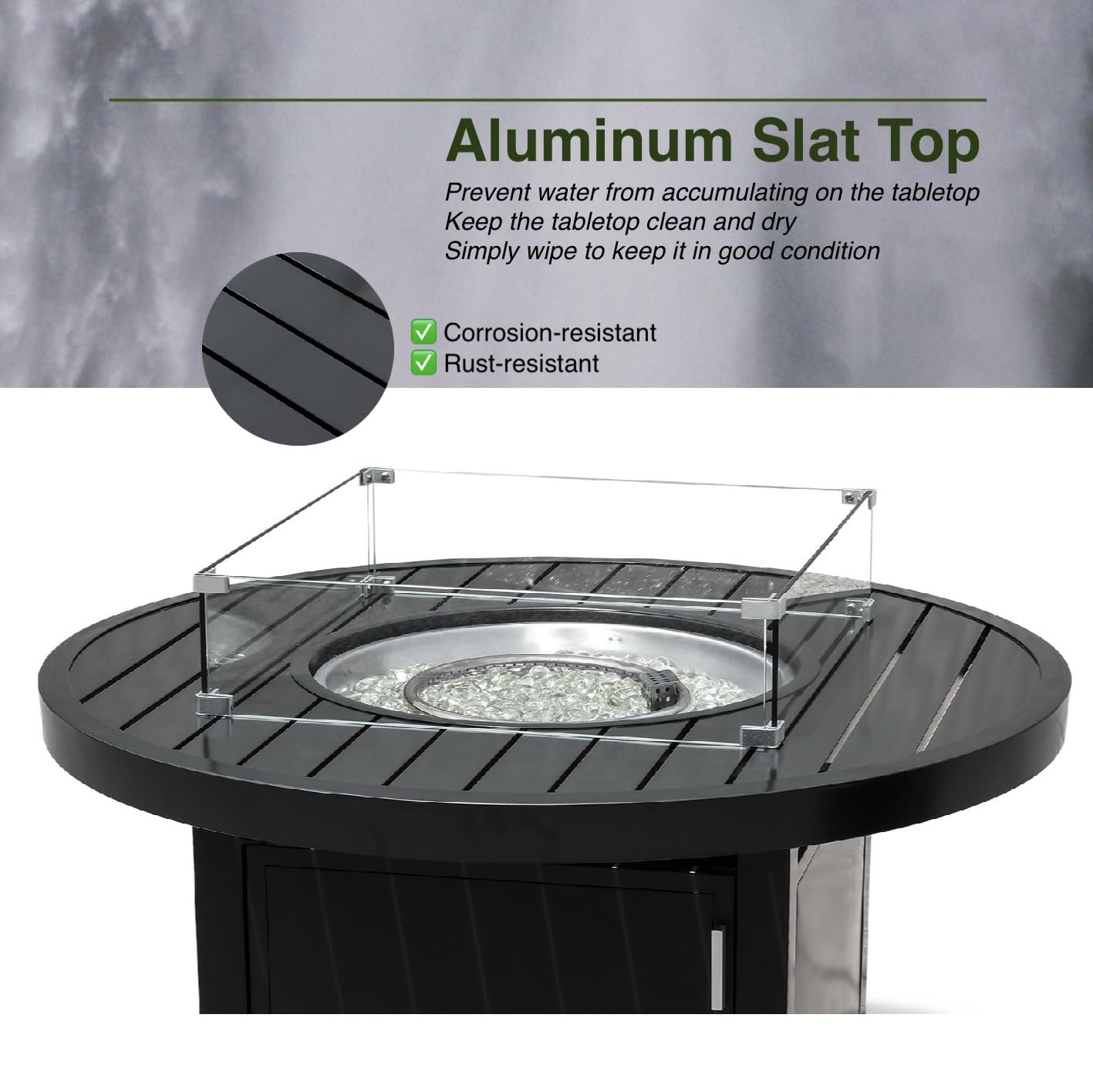 Propane FirePit Table: 50,000 BTU Aluminum Slat Top with Lid, Stainless Steel Burner, Windguard, 8KG Glass Beads, 300D PVC Cover, CSA-Listed - AURABAGS SHOP