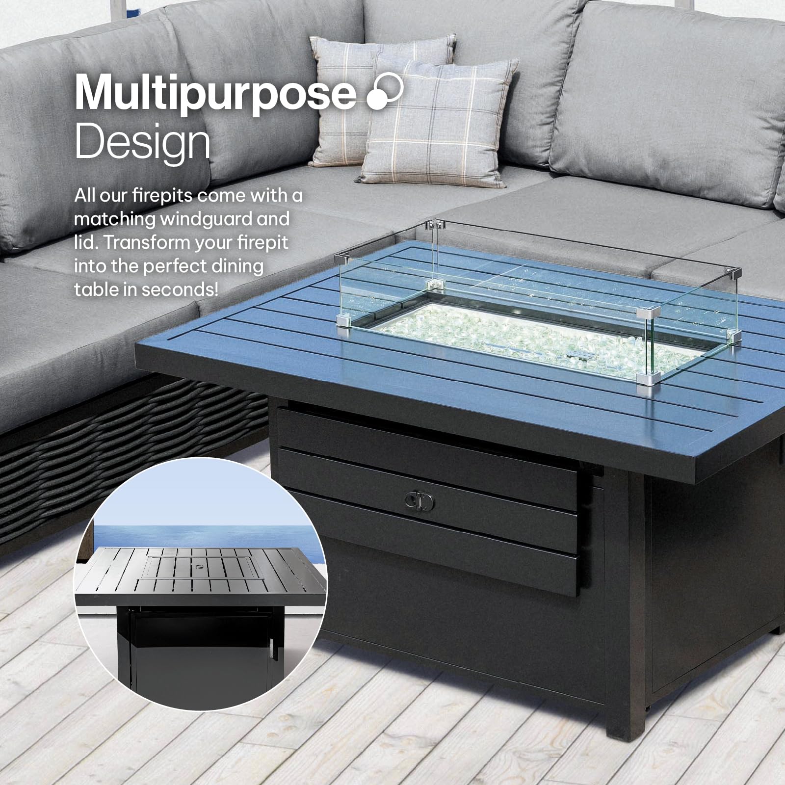 Propane FirePit Table: 50,000 BTU Aluminum Slat Top with Lid, Stainless Steel Burner, Windguard, 8KG Glass Beads, 300D PVC Cover, CSA-Listed - AURABAGS SHOP
