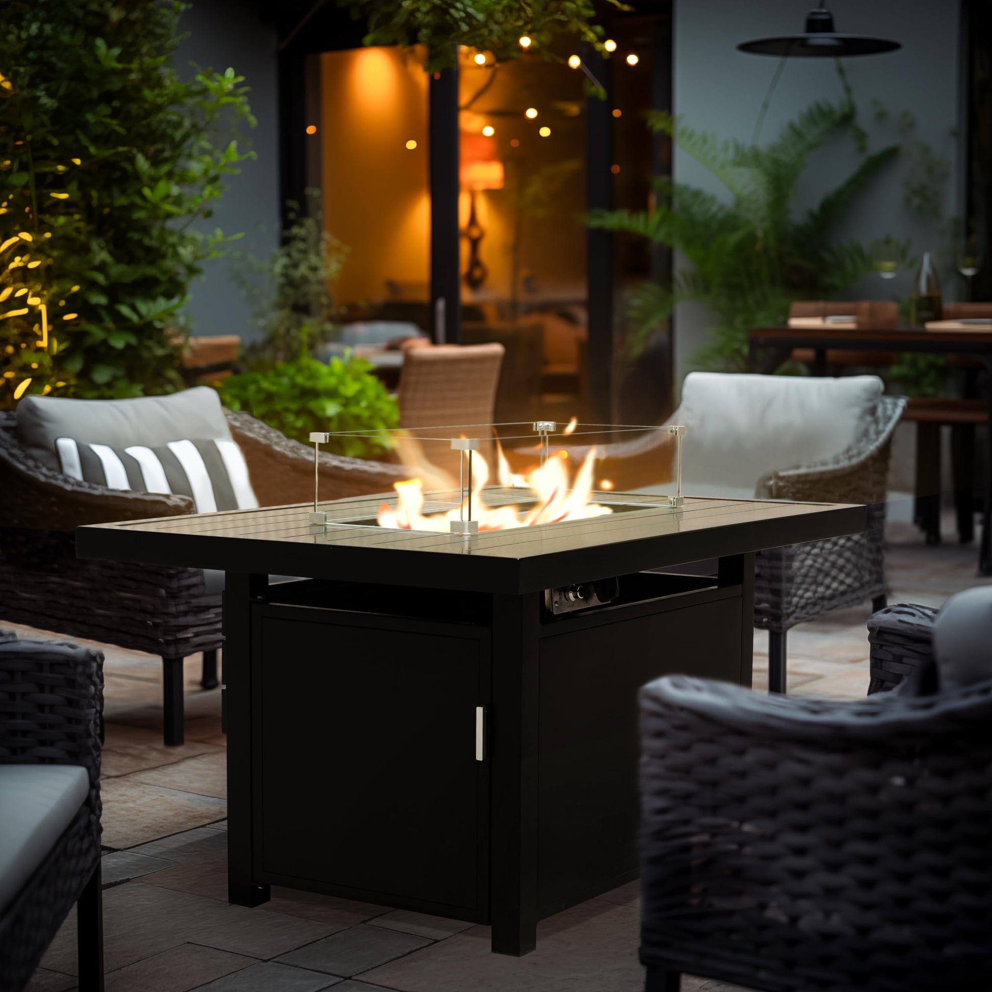 Propane FirePit Table: 50,000 BTU Aluminum Slat Top with Lid, Stainless Steel Burner, Windguard, 8KG Glass Beads, 300D PVC Cover, CSA-Listed - AURABAGS SHOP