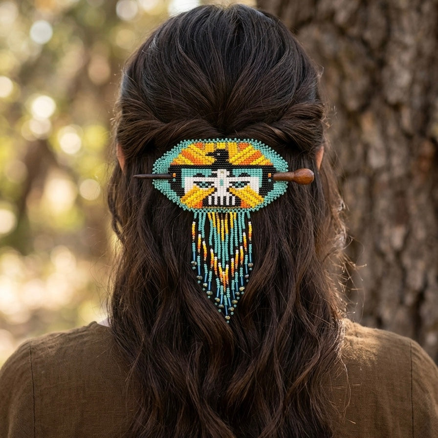 Eagle Fringed Beaded Barrette & Wooden Stick
