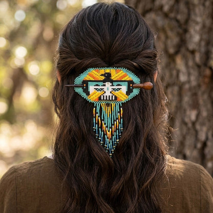 Eagle Fringed Beaded Barrette & Wooden Stick