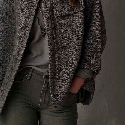 Women’s Vintage Oversized Herringbone Wool Coat – Long Relaxed-Fit Winter Outerwear Jacket