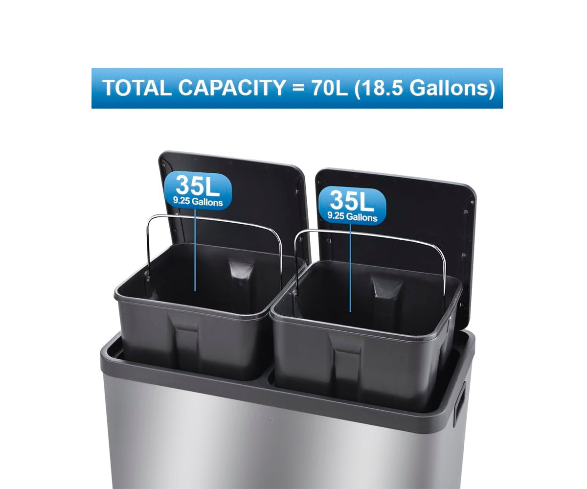 The Step N' Sort 18.5 Gallon Extra Large Capacity, Soft-Step, Dual Trash and Recycling Bin with Removable Inner Bins. Silver 🍁 All In One Marketplace Canada