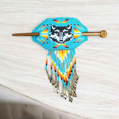 Wolf Fringed Beaded Barrette & Wooden Stick