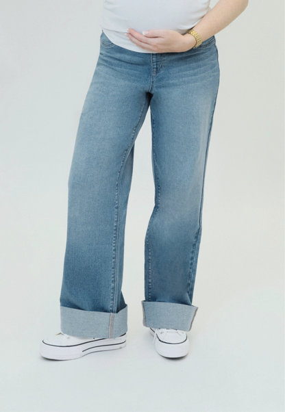 Maternity Roll Cuff Wide Leg Jean w/ Bellyband in Willa