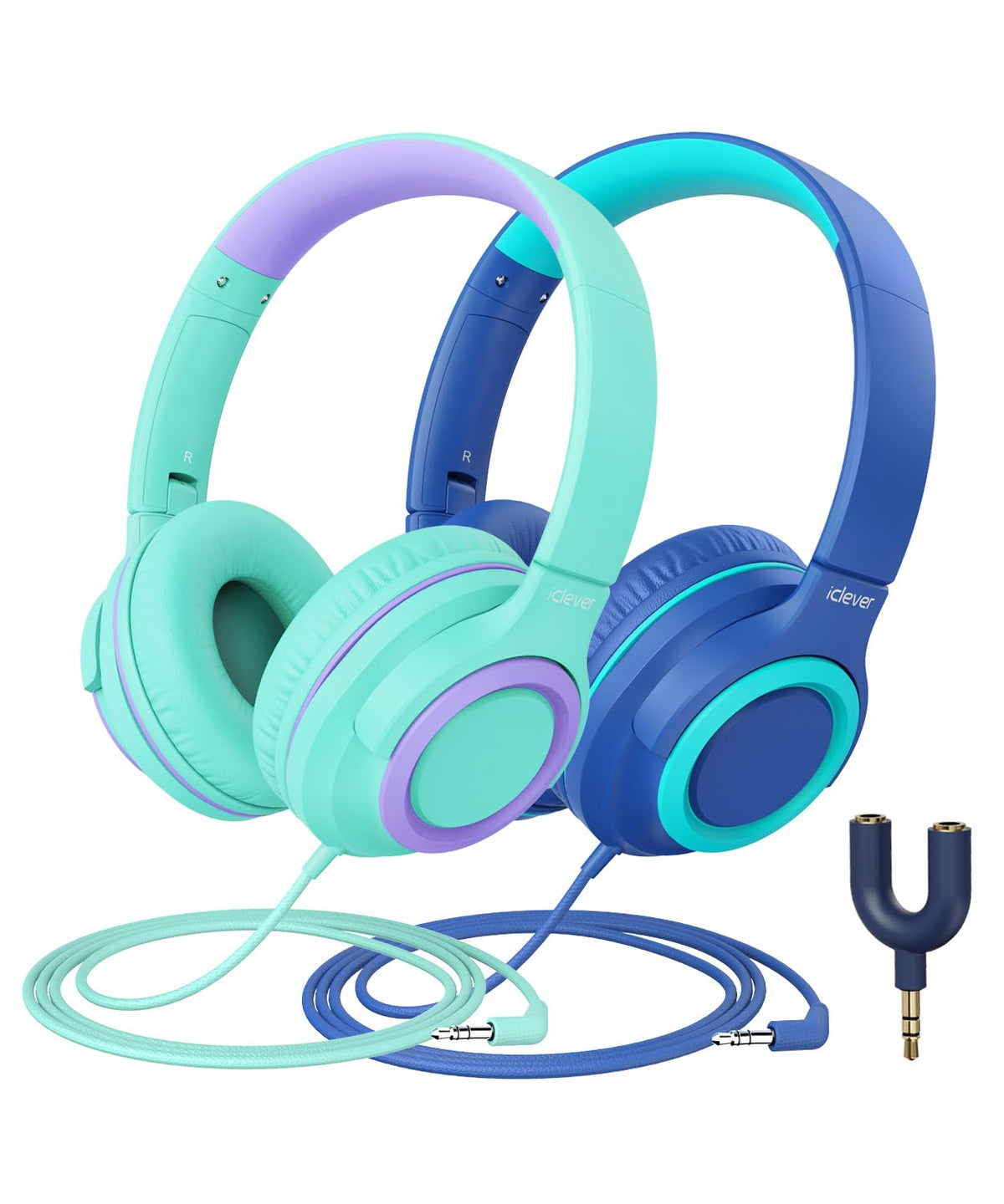 iClever 2Pack Kids Headphones with Sharing Splitter - 85dBA Safe Volume Limited - HS22 Wired Headphones for Kids Teens, Tangle-Free 3.5mm Jack Foldable Stereo Headphone for School/Tablet/Travel 🍁 All In One Marketplace Canada