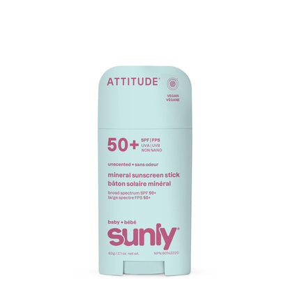 ATTITUDE Baby Mineral Sunscreen Stick SPF 50, Broad Spectrum Zinc Oxide, EWG Verified, Non-Nano, Mess-Free Stick for Face & Body, Lightweight Non-Greasy, Vegan, Unscented, 60 grams 🍁 All In One Marketplace Canada