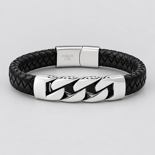 Men’s Stainless Steel & Black Braided Leather Greek Motif Biker Bracelet