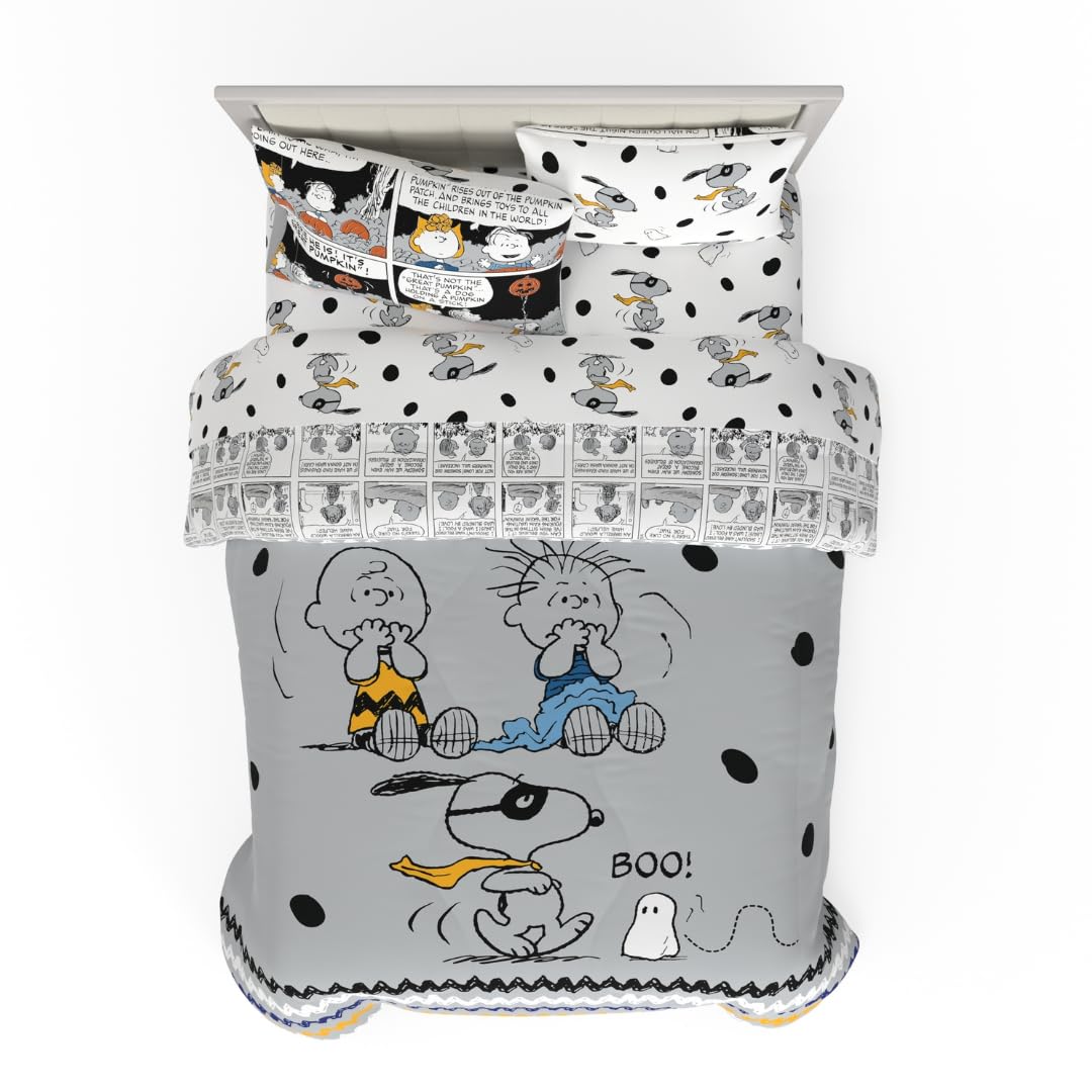 Peanuts Halloween Full Bed Set – Super Soft & Cozy 5 Piece Reversible Comforter and Sheet Set Featuring Snoopy & Charlie Brown, (Official Peanuts Product) by Franco