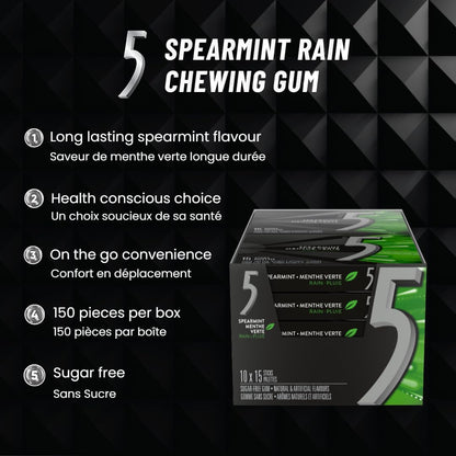 5 GUM, Spearmint-Rain Flavoured Sugar Free Chewing Gum, 15 Sticks, 10 Packs 🍁 All In One Marketplace Canada