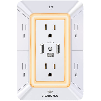3-Sided Power Bars with Surge Protector, POWRUI 6-Outlet Extender with 3 USB Ports (1 USB C) and Night Light, Multi Plug Outlet and Spaced Outlets Adapter, ETL, White 🍁 All In One Marketplace Canada