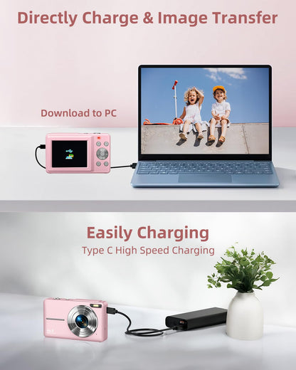 CAMKORY Digital Camera, Full HD 1080P Point and Shoot Camera, 44MP Kids Camera with 32GB Card, 16X Zoom, Pink 🍁 All In One Marketplace Canada