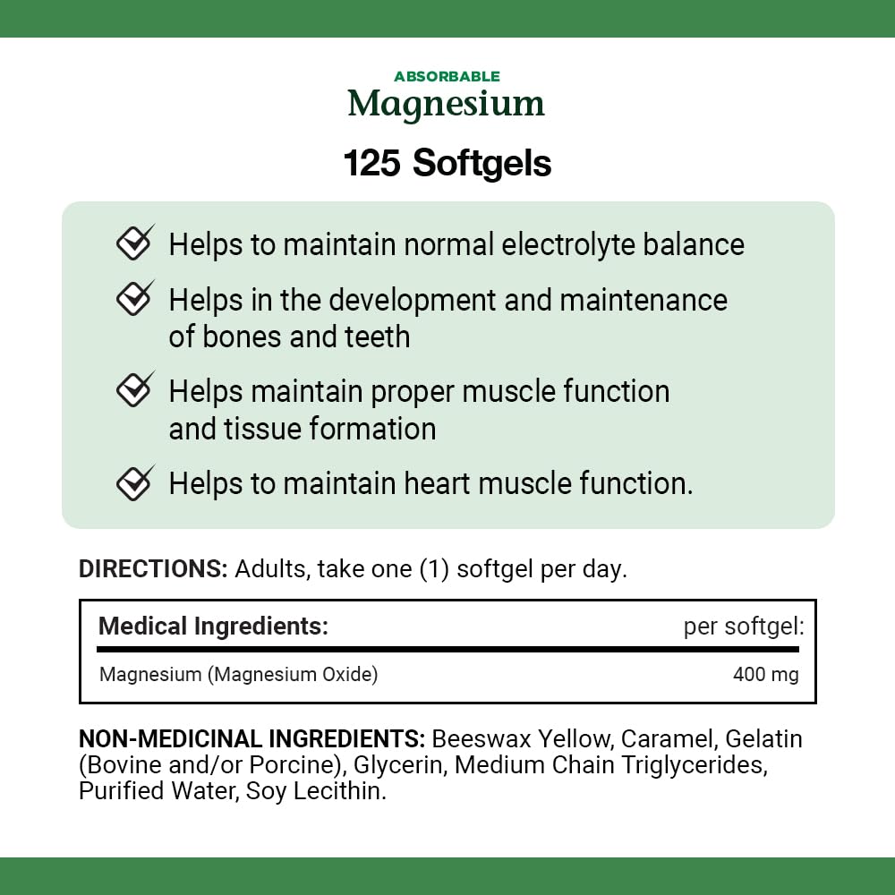 Nature's Bounty Absorbable Magnesium 400mg, Multi-coloured, 125 Softgels 🍁 All In One Marketplace Canada