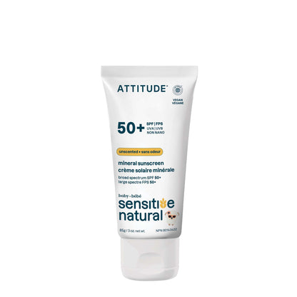 ATTITUDE Sensitive Skin Baby Mineral Sunscreen SPF 50, Broad Spectrum Zinc Oxide, EWG Verified, Mineral-Based, Non-Nano, Lightweight Cream for Face & Body, Unscented, 80 grams 🍁 All In One Marketplace Canada