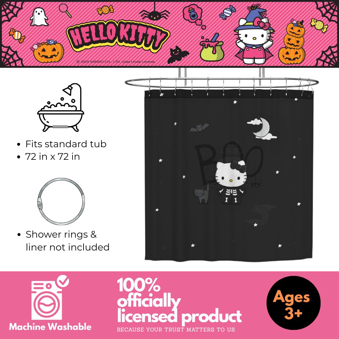 Sanrio Hello Kitty Skeleton Halloween 13-Piece Shower Curtain Set, 72 x 72 Inch Fabric Curtain with Hooks, Bathroom Decor, Machine Washable, (100% Officially Licensed Product) by Franco Collectibles
