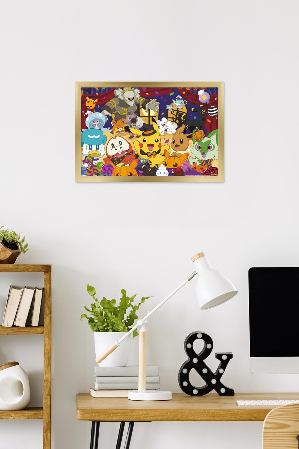 Pokémon: Halloween Party- Group Wall Poster, 22.4L" x 14.7W", Gold Framed Version