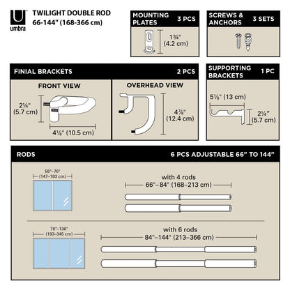 Umbra Twilight Double Curtain Rod Set – Wrap Around Design Ideal for Blackout or Room Darkening Panels, 66 to 144 Inches, Nickel 🍁 All In One Marketplace Canada