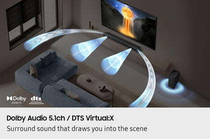 Samsung Sound Bar HW-B750F/ZC, 5.1 Channel, Subwoofer, 400 watts, Surround Sound, Q-Symphony, Dolby Digital, DTS Virtual:X, Bass Boost, Adaptive Sound, Bluetooth, HDMI ARC, Soundbar