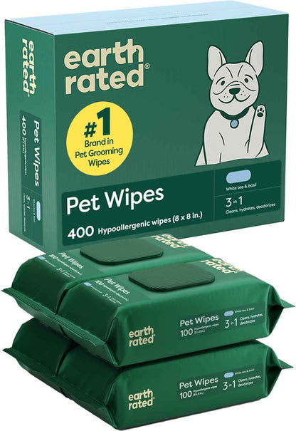 Earth Rated (A Canadian Company) Pet Wipes for Dogs and Cats, Hypoallergenic, 3-in-1 Cleaning, Deodorizing and Hydrating, for Grooming Paws, Body and Butt, New White Tea and Basil Scent, 400 Count 🍁 All In One Marketplace Canada