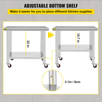 VEVOR 36x24x33.5 inch Stainless Steel Work Table with Wheels Prep Table with casters Heavy Duty Work Table for Commercial Kitchen Restaurant Business Garage 350 lb Capacity 🍁 All In One Marketplace Canada