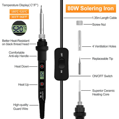 Soldering Iron Kit 80W LCD Adjustable Temperature 180-520℃ Solder Kit Electronics 12 in 1 Welding Tools with ON/Off Switch, Solder Wire, 5 Soldering Tips, Desoldering Pump, Stand, Tweezers 🍁 All In One Marketplace Canada