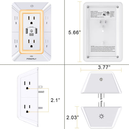 3-Sided Power Bars with Surge Protector, POWRUI 6-Outlet Extender with 3 USB Ports (1 USB C) and Night Light, Multi Plug Outlet and Spaced Outlets Adapter, ETL, White 🍁 All In One Marketplace Canada