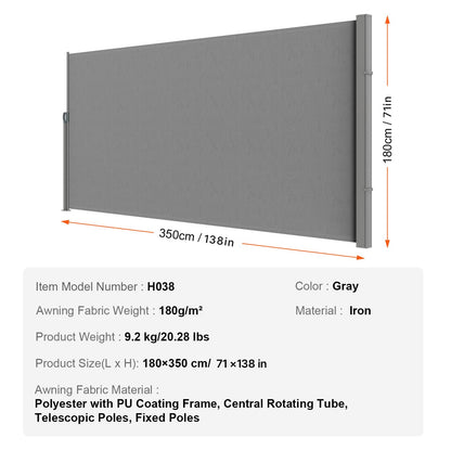VEVOR Retractable Side Awning, 71''x 138'' Outdoor Privacy Screen, 180g Polyester Water-Proof Retractable Patio Screen, UV 30+ Room Divider Wind Screen for Patio, Backyard, Balcony, Gray 🍁 All In One Marketplace Canada