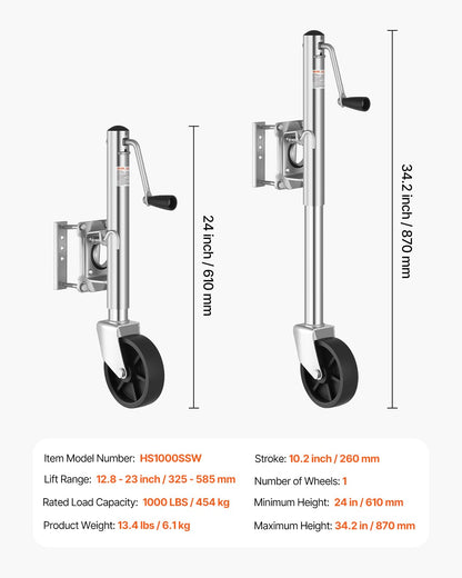 VEVOR Trailer Jack with Wheel, 1000 lbs Load Capacity, Heavy Duty Swivel Boat Trailer Jack with PP Single Wheel & Ergonomic Handle, 10-inch Lift, Fit for RVs, Boats, Horse Trailers, Utility Trailers 🍁 All In One Marketplace Canada