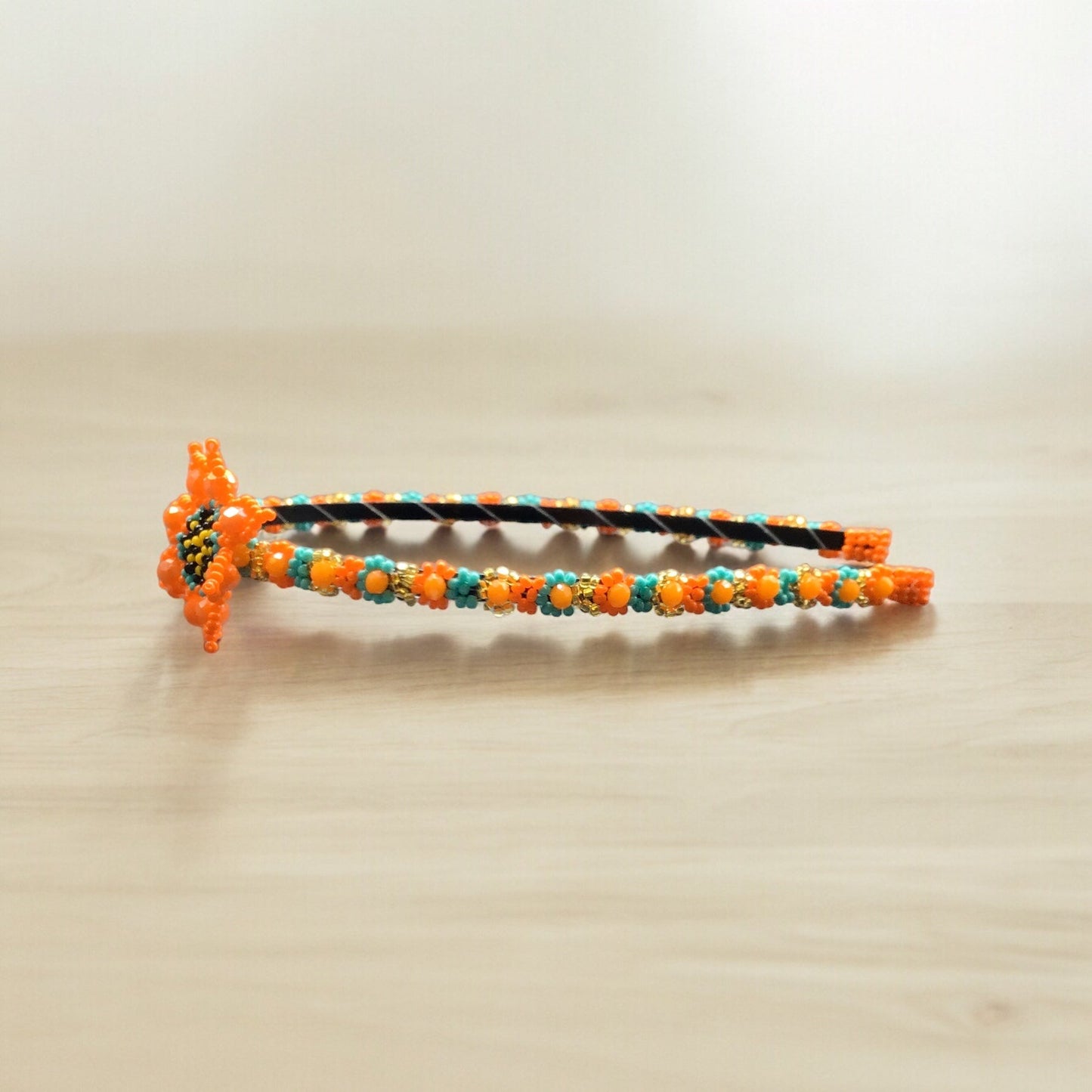 Beaded Headband with Flower Orange