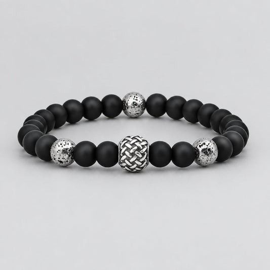 Men’s Matte Black Bead Bracelet with Textured Stainless Steel Ball Biker Bracelet
