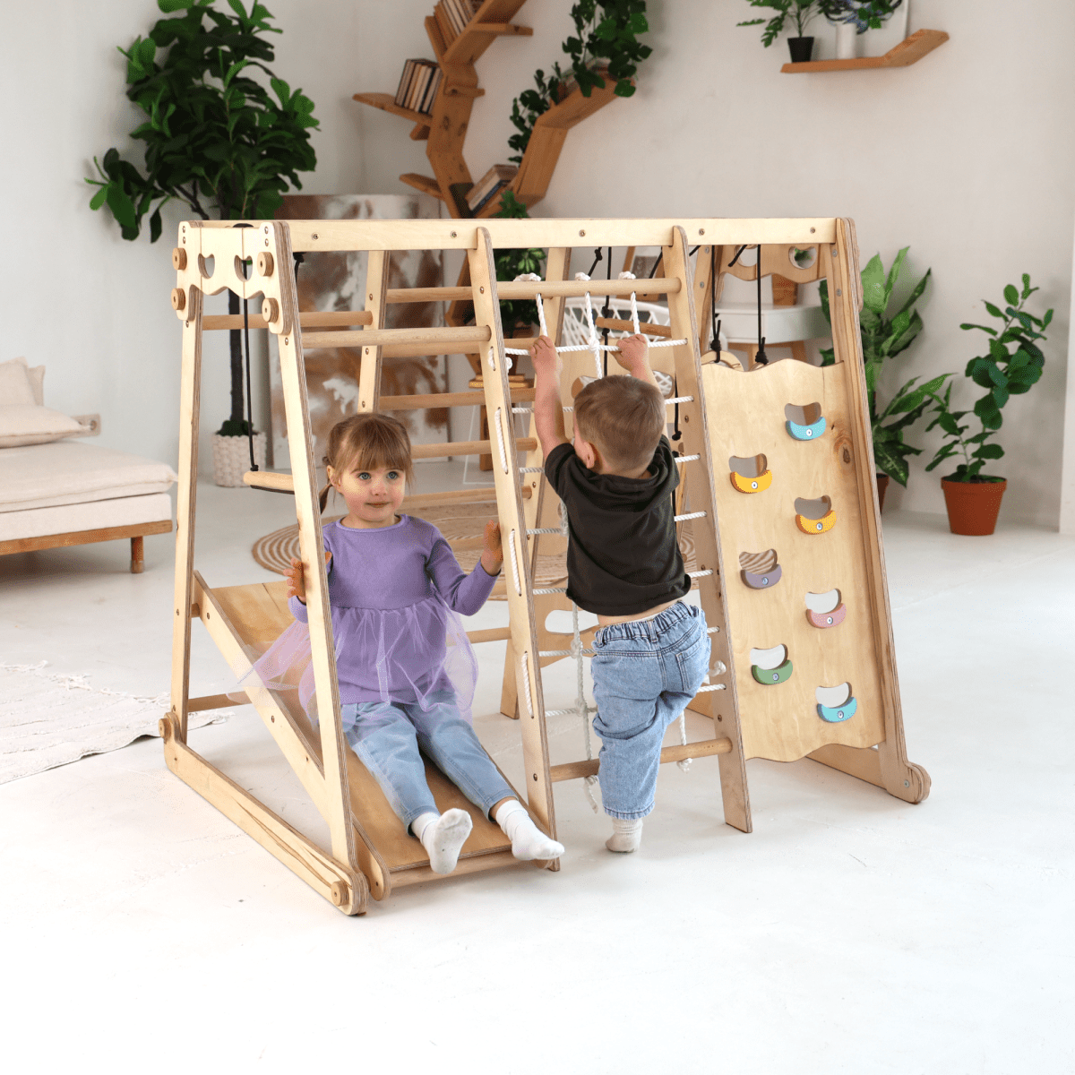 6in1 Indoor Jungle Gym for Toddler: Playground + Swings Set + Slide Board + Rope + Stairs