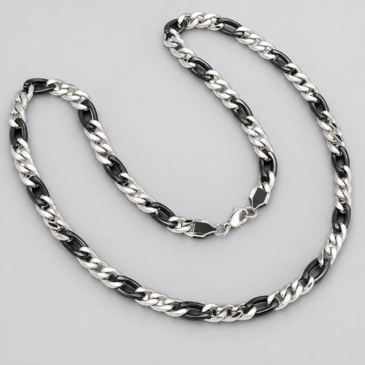 Men’s Two-Tone Stainless Steel & Black IP Figaro Chain Necklace for Bikers