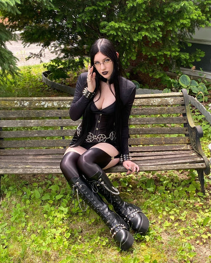 Gothic Long Sleeves Spandex Leather Garter Belt Tight Party Dress Lingerie