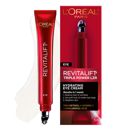 L’Oréal Paris Eye Cream For Wrinkles, with Hyaluronic Acid, Vitamin C, Under Eye Cream to Reduce Look of Wrinkles and Under-Eye Bags, Revitalift Triple Power LZR, Skincare, 15ml 🍁 All In One Marketplace Canada
