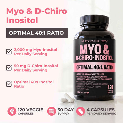 Nutratology® Myo-Inositol & D-Chiro Inositol Capsules - PCOS Supplement for Women - Optimal 40:1 Ratio - For Hormonal Balance & Healthy Ovarian Function - Regulates Menstrual Cycle - 120 Capsules 🍁 All In One Marketplace Canada