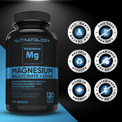 Nutratology® Magnesium Bisglycinate + Oxide | Canadian-Made | Relaxes Muscles, Improves Sleep Quality, Maintains Proper Muscle Functions & Enhances Bone Density | 250MG Per Capsule | 120 Capsules 🍁 All In One Marketplace Canada