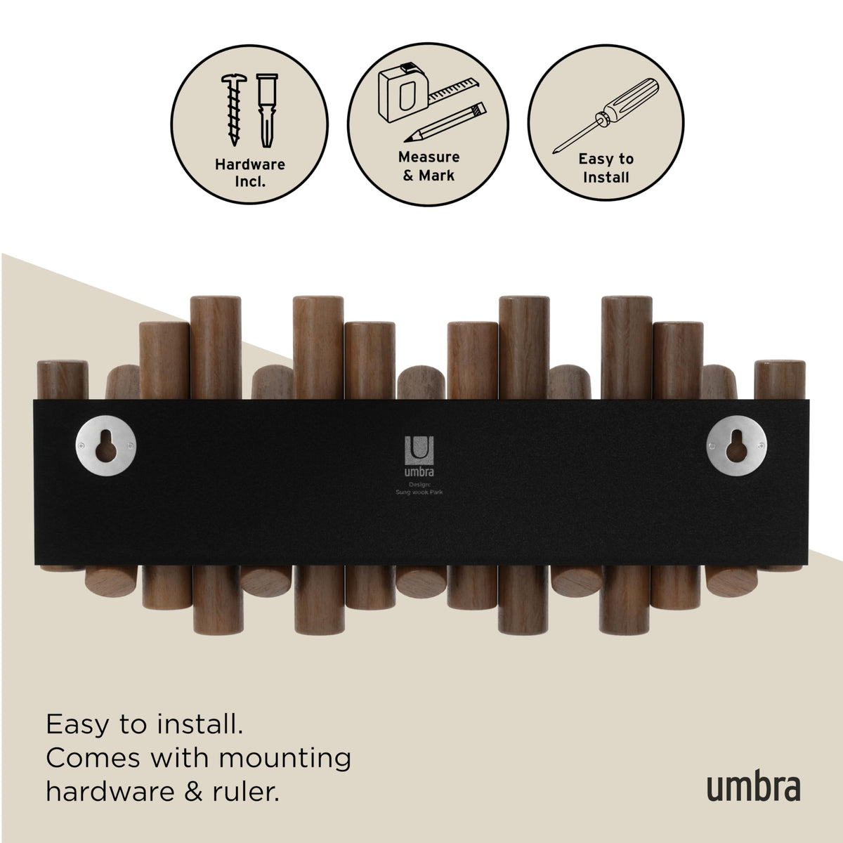 Umbra Picket Wall-Mounted Coat Rack Rail Hook with 5 Retractable Wood Pegs – Modern, Space-Saving Storage Organizer, Walnut 🍁 All In One Marketplace Canada