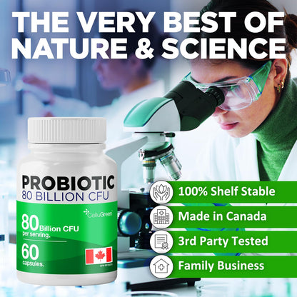 CelluGreen Probiotics 80 Billion CFU for Men & Women – 15 Strains – Digestive & Gut Health Support – Bloating & Gas Relief – Shelf Stable, Vegan, Non-GMO – 60 Capsules 🍁 All In One Marketplace Canada