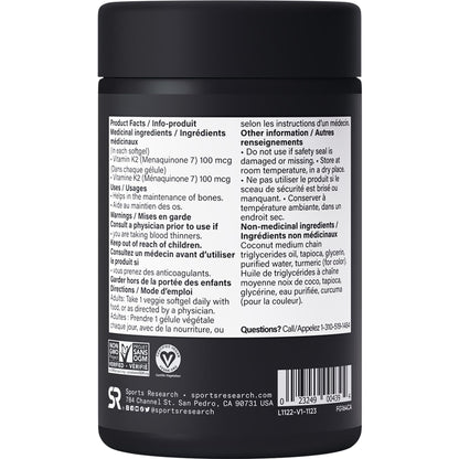 Sports Research® Vitamin K2 MK-7 100mcg with Coconut MCT Oil, 60 Vegan Softgels (2 Month Supply), Vegan Certified, Non-GMO Verified, Gluten & Soy Free Supplement 🍁 All In One Marketplace Canada