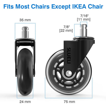Office Chair Caster Wheels Replacement Rubber Chair Casters (Set of 5), 3 Inch Heavy-Duty Office Chair casters for Hardwood Floors Carpet and Tile Floors Universal fit 🍁 All In One Marketplace Canada