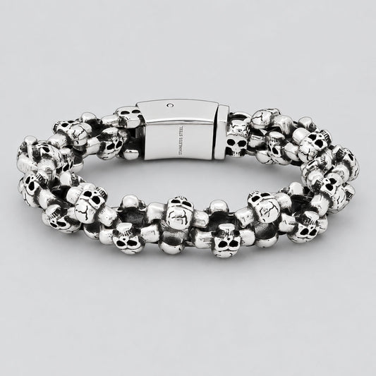 Men’s Stainless Steel Multi-Skull Link Bracelet. Heavy-Duty Biker Jewellery