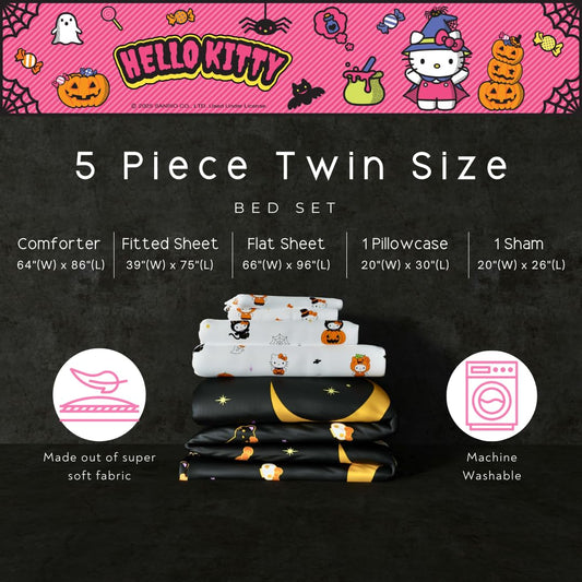 Sanrio Hello Kitty Halloween Pumpkin Twin Bed Set – Super Soft & Cozy 4 Piece Reversible Comforter and Sheet Set (Officially Licensed Product) by Franco