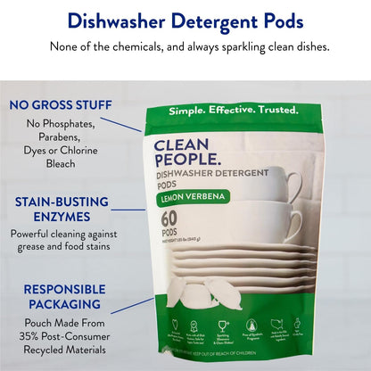 Clean People All Natural Dishwasher Pods - Cuts Grease & Rinses Sparkling Clean - Residue-Free - Phosphate Free Dishwashing Pods - Lemon, 120 Pack 🍁 All In One Marketplace Canada