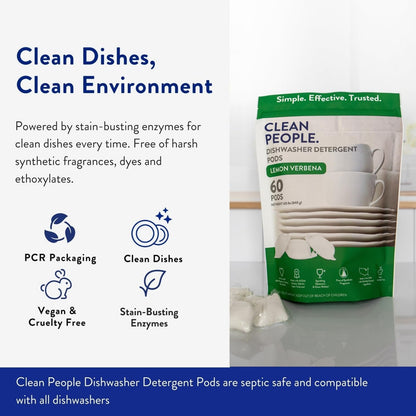Clean People All Natural Dishwasher Pods - Cuts Grease & Rinses Sparkling Clean - Residue-Free - Phosphate Free Dishwashing Pods - Fragrance Free, 120 Pack 🍁 All In One Marketplace Canada