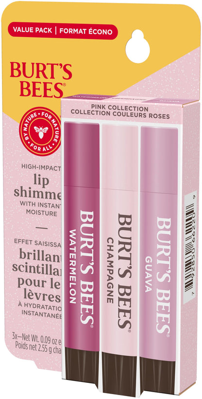 Burt's Bees Lip Shimmer, 100% Natural Origin Lip Gloss, Tinted Lip Colour | Get Soft and Hydrated Lips | Pack of 3 - (Pink) Champagne, Watermelon, Guava 🍁 All In One Marketplace Canada