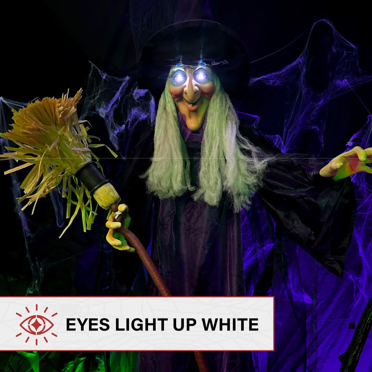 Haunted Hill Farm Life-Size Scary Talking Witch with Broomstick, Halloween Animatronic with Touch Activated Lights and Sound, Battery Operated Indoor or Covered Outdoor Halloween Decorations